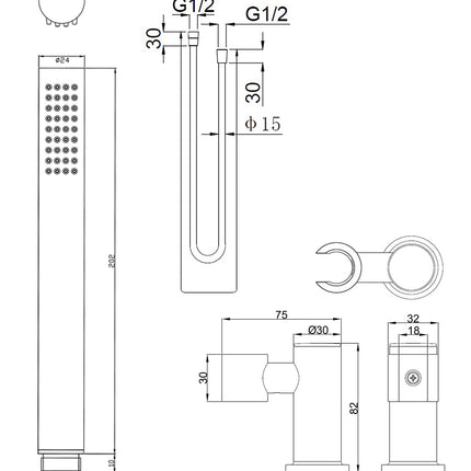 Wiesbaden UniMatch staafhanddoucheset wandhouder chroom - technische tekening | Schwertz & Co