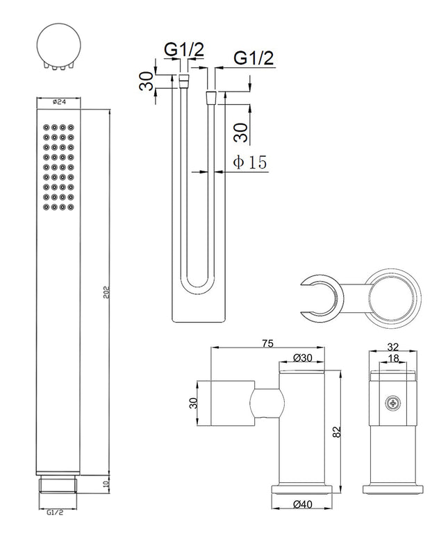 Wiesbaden UniMatch staafhanddoucheset wandhouder chroom - technische tekening | Schwertz & Co