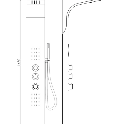 Xellanz Erie thermostatische douchekolom 148 x 22 cm RVS - technische tekening | Schwertz & Co