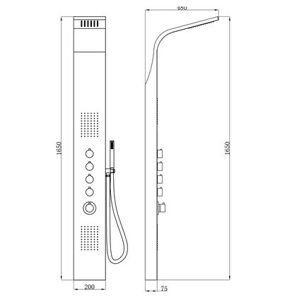 Xellanz Huron thermostatische douchekolom 165 x 20 cm RVS - technische tekening | Schwertz & Co