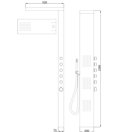 Xellanz Ohio thermostatische douchekolom 158 x 20 cm RVS - technische tekening | Schwertz & Co