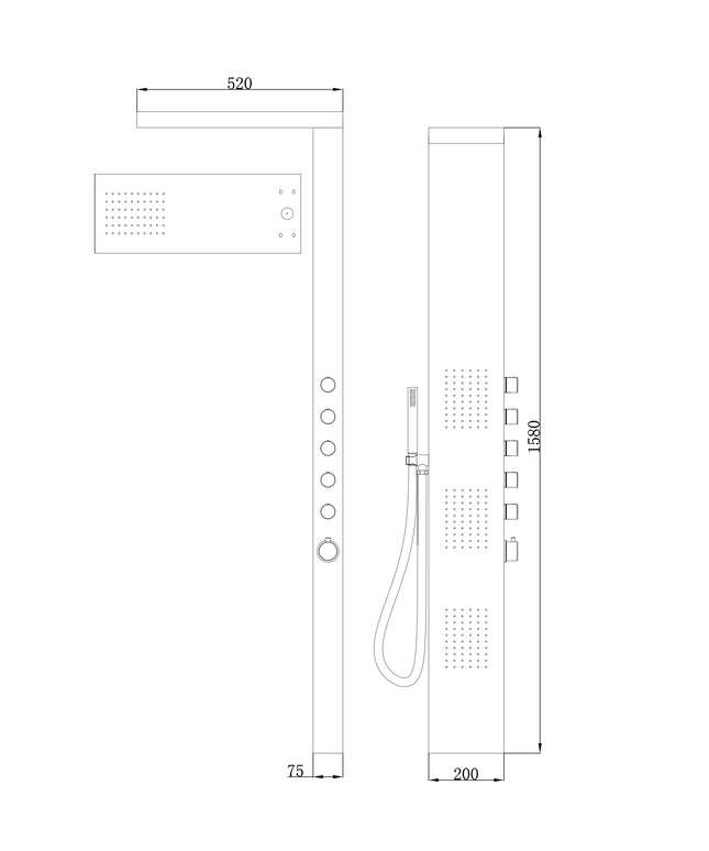 Xellanz Ohio colonne de douche thermostatique 158 x 20 cm inox - dessin technique | Schwertz & Co