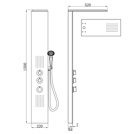 Xellanz Ontario thermostatische douchekolom 150 x 22 cm RVS - technische tekening | Schwertz & Co