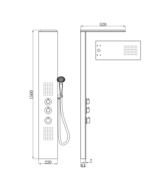 Xellanz Ontario colonne de douche thermostatique 150 x 22 cm inox - dessin technique | Schwertz & Co