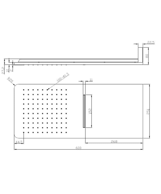 Xellanz wandhoofddouche met waterval vierkant 600 x 25 mm - technische tekening | Schwertz & Co