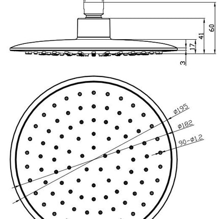 Xellanz hoofddouche rond 20 cm chroom grijs - technische tekening | Schwertz & Co