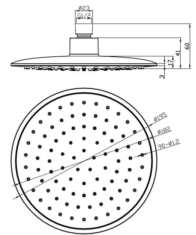 Xellanz hoofddouche rond 20 cm chroom grijs - technische tekening | Schwertz & Co