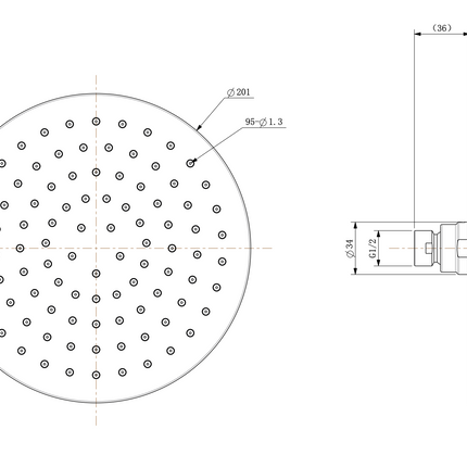 Wiesbaden UniMatch hoofddouche rond 20 cm chroom - technische tekening | Schwertz & Co
