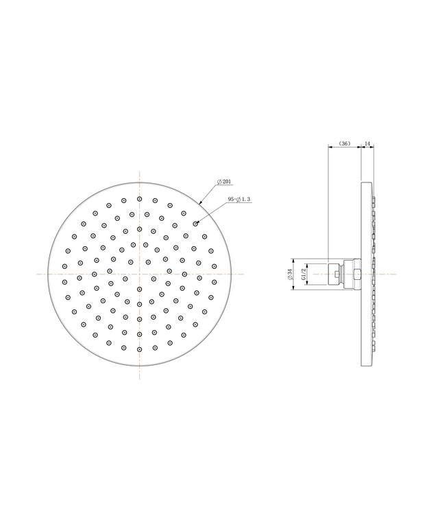 Wiesbaden UniMatch hoofddouche rond 20 cm chroom - technische tekening | Schwertz & Co