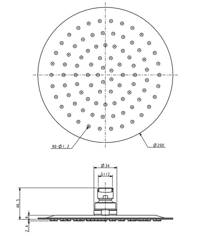 Xellanz Ufo hoofddouche rond 20 cm chroom - technische tekening | Schwertz & Co