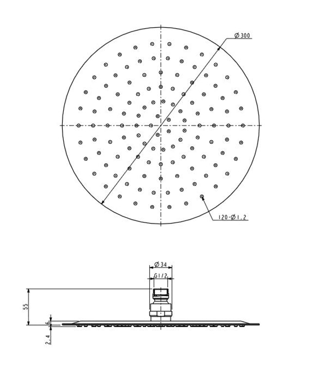 Xellanz Ufo hoofddouche rond 30 cm chroom - technische tekening | Schwertz & Co