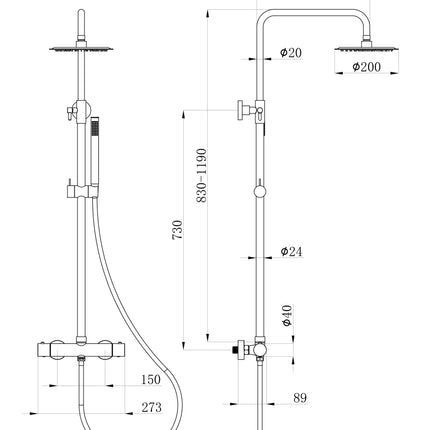 Xellanz Twenty eco regendoucheset rond chroom - technische tekening | Schwertz & Co