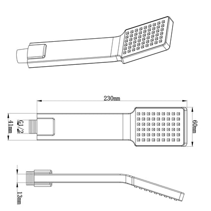 Xellanz handdouche vierkant plat 1/2 inch chroom - technische tekening | Schwertz & Co