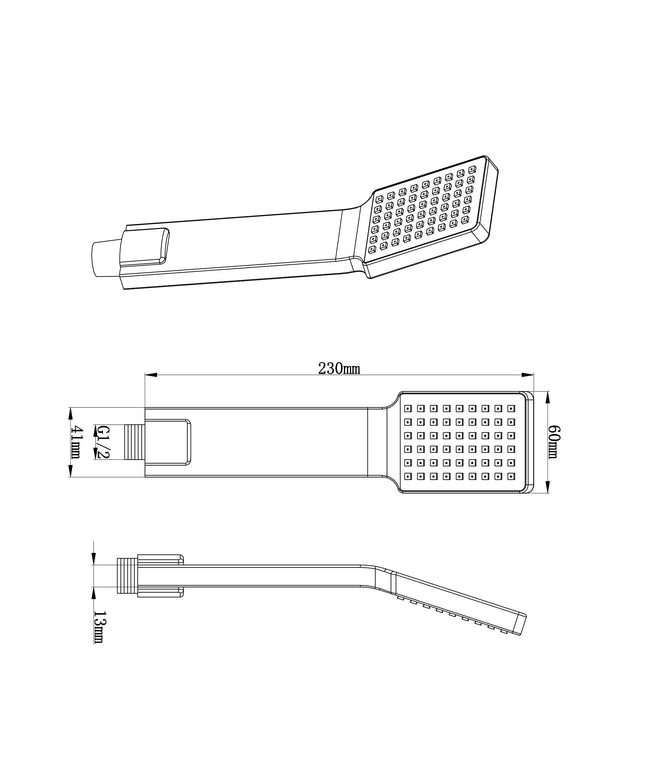 Xellanz handdouche vierkant plat 1/2 inch chroom - technische tekening | Schwertz & Co
