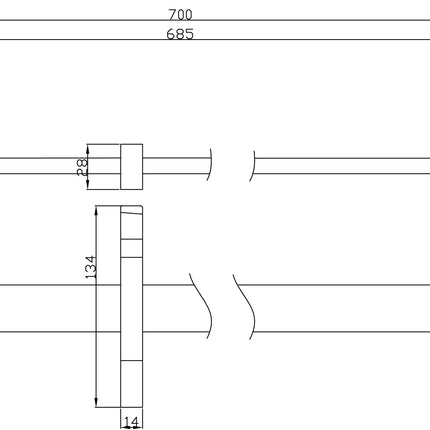 Xellanz glijstang vierkant 70 cm chroom - technische tekening | Schwertz & Co
