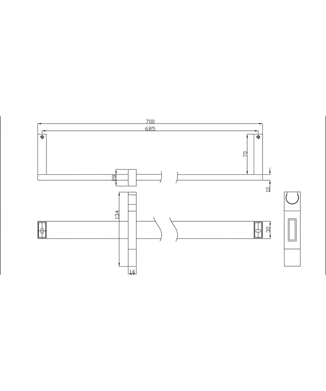 Xellanz barre de douche coulissante carrée 70 cm chromé - dessin technique | Schwertz & Co