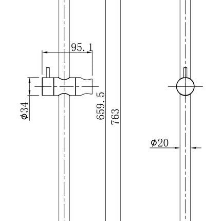 Wiesbaden UniMatch glijstang met wateraansluiting 76,5 cm gunmetal - technische tekening | Schwertz & Co