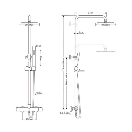 Xellanz Twenty eco regendoucheset vierkant chroom - technische tekening | Schwertz & Co
