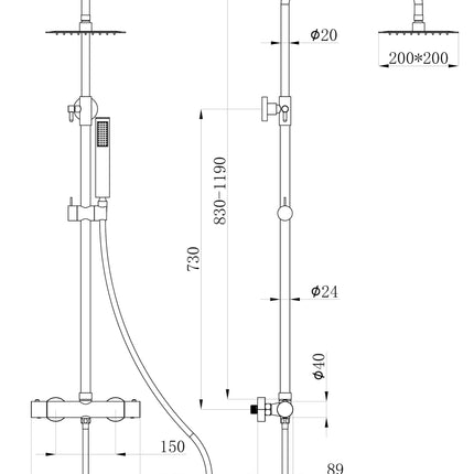 Xellanz Twenty eco regendoucheset vierkant mat zwart - technische tekening | Schwertz & Co
