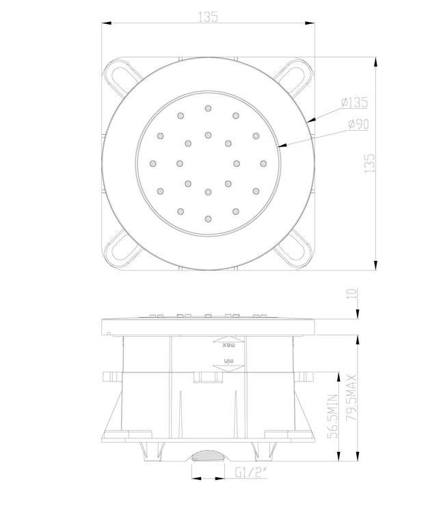 Xellanz douche latérale encastrée ronde chromé - dessin technique | Schwertz & Co