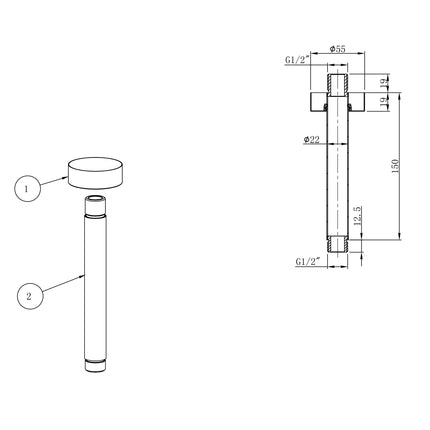 Wiesbaden UniMatch douchearm 15 cm geborsteld staal - technische tekening | Schwertz & Co