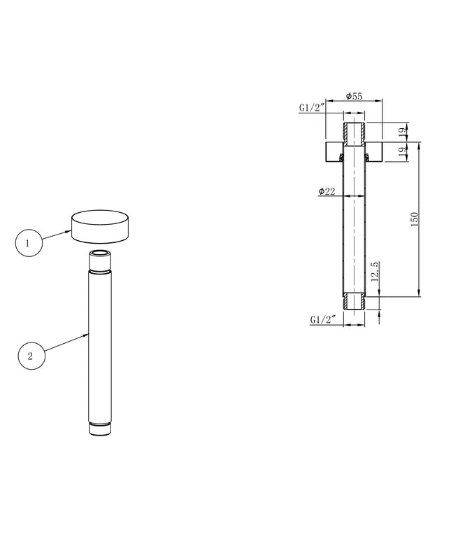 Wiesbaden UniMatch douchearm 15 cm geborsteld staal - technische tekening | Schwertz & Co