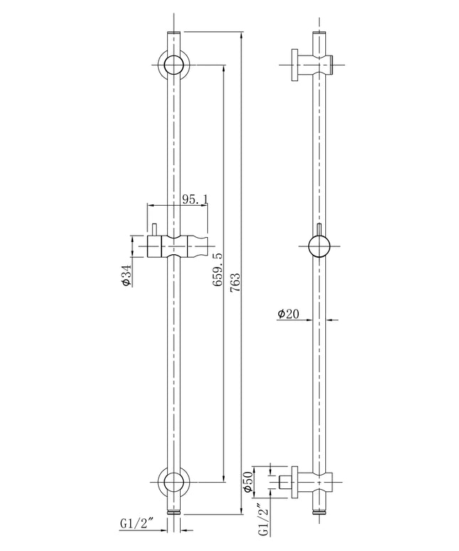 Wiesbaden UniMatch glijstang met wateraansluiting 76,5 cm geborsteld brons koper - technische tekening | Schwertz & Co