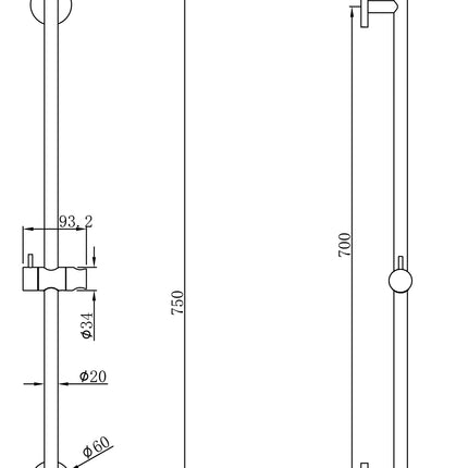 Wiesbaden UniMatch glijstangset handdouche gunmetal - technische tekening | Schwertz & Co