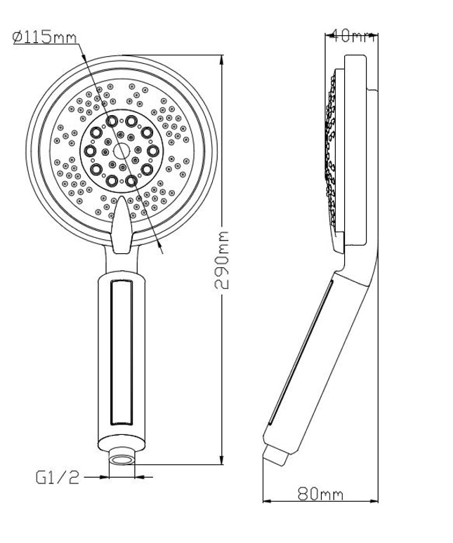 Xellanz Triton verstelbare handdouche 10 cm chroom - technische tekening | Schwertz & Co