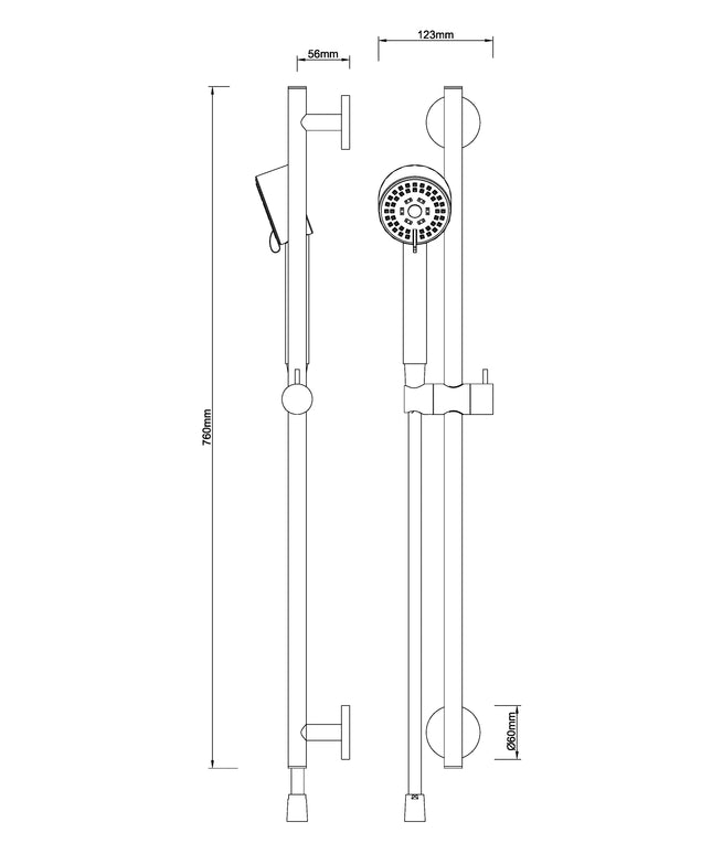 Wiesbaden Cadans ensemble barre de douche coulissante avec douchette acier brossé - dessin technique | Schwertz & Co
