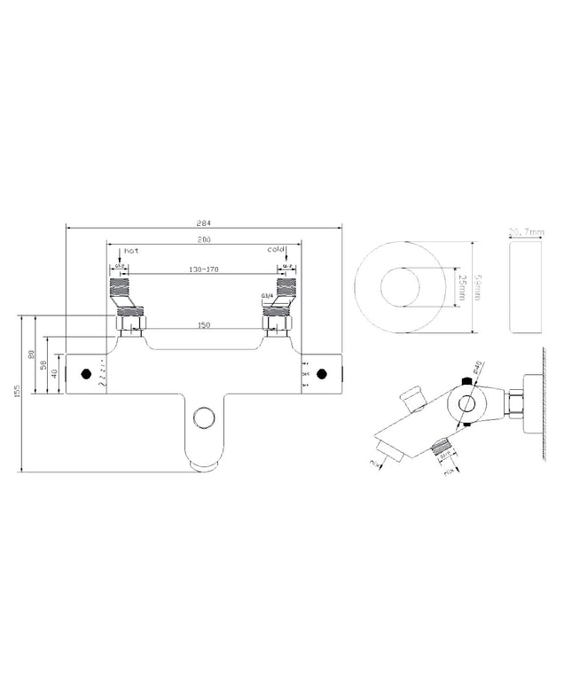 Xellanz Rio thermostatische badmengkraan 15 cm chroom - technische tekening | Schwertz & Co