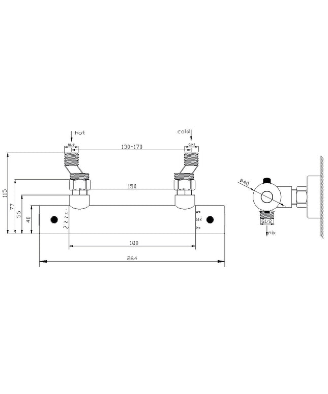 Xellanz Rio thermostatische douchemengkraan 15 cm geborsteld staal - technische tekening | Schwertz & Co