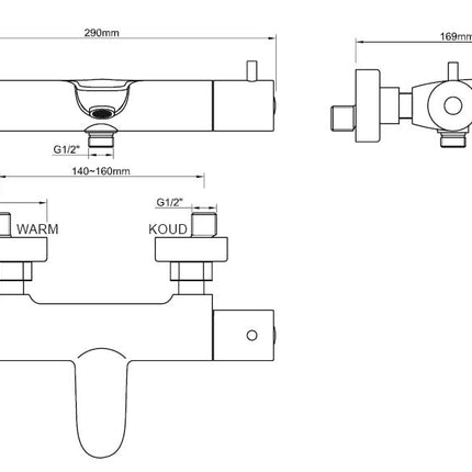 Wiesbaden Caral thermostatische badmengkraan chroom - technische tekening | Schwertz & Co