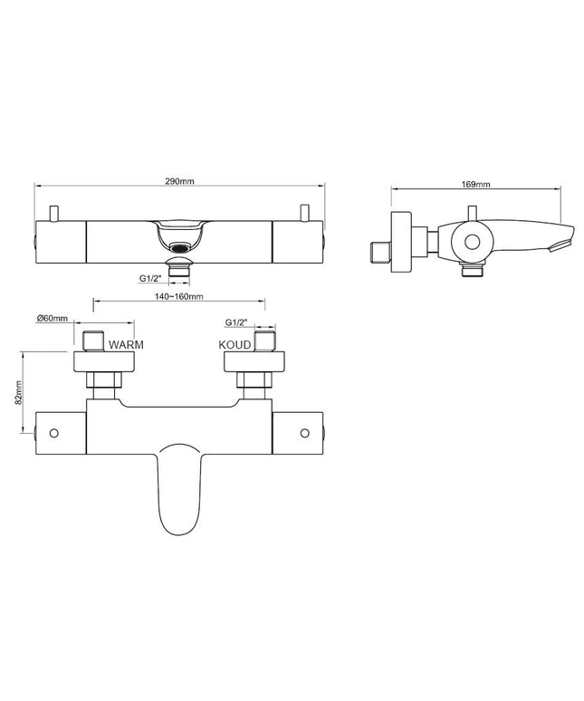 Wiesbaden Caral thermostatische badmengkraan chroom - technische tekening | Schwertz & Co