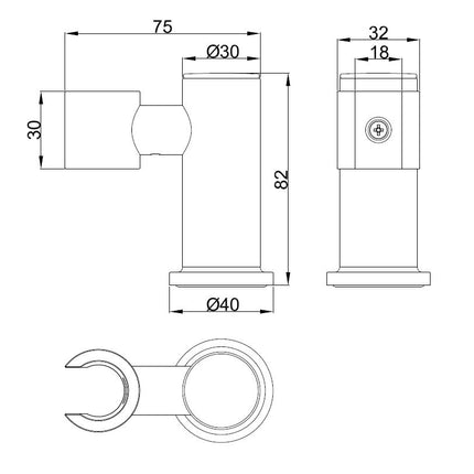 Wiesbaden UniMatch wandhanddouchehouder kantelbaar chroom - technische tekening | Schwertz & Co
