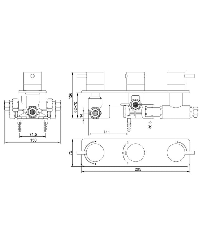 Xellanz Rivaro inbouwthermostaat 3-weg chroom - technische tekening 4 | Schwertz & Co