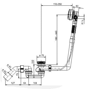 Wiesbaden badafvoer- en overloopcombinatie met vulfunctie chroom - technische tekening | Schwertz & Co