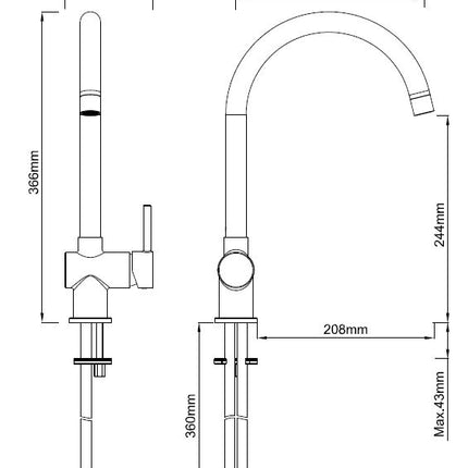 Wiesbaden Caral keukenmengkraan chroom - technische tekening | Schwertz & Co