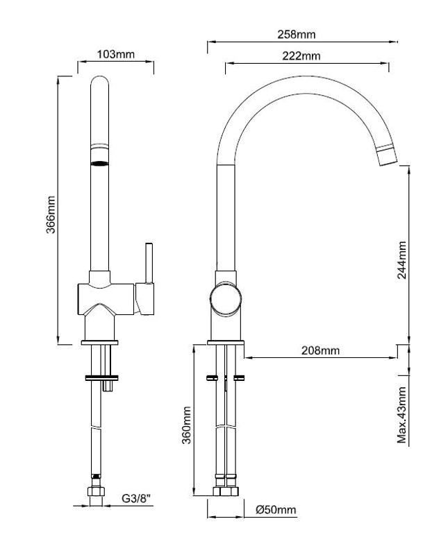 Wiesbaden Caral keukenmengkraan chroom - technische tekening | Schwertz & Co
