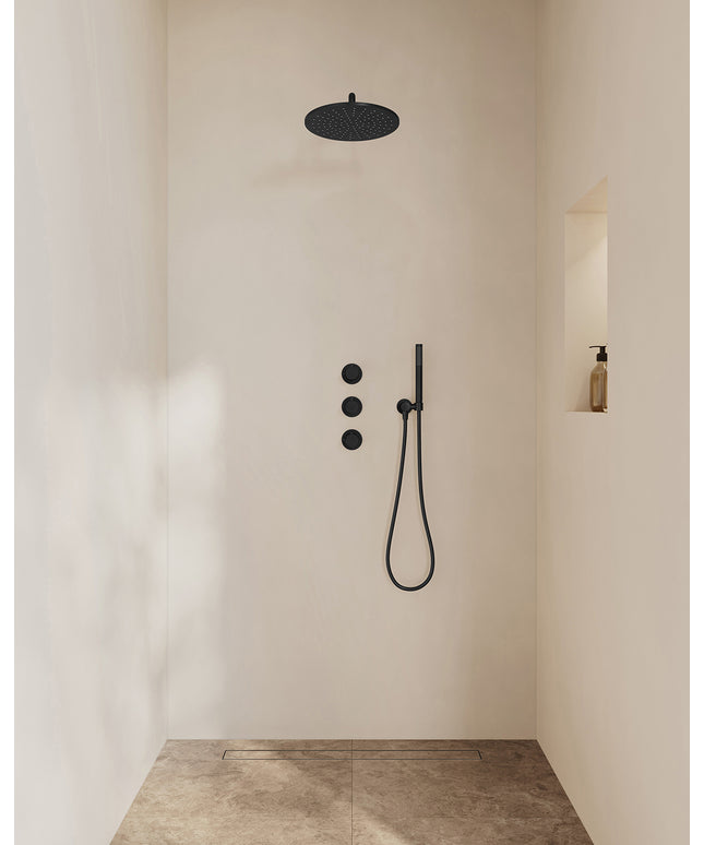 Wiesbaden Caral inbouwthermostaat hoofddouche 30 cm staafhanddouche mat zwart | Schwertz & Co