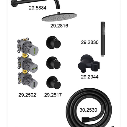 Wiesbaden Caral inbouwthermostaat hoofddouche 30 cm staafhanddouche mat zwart - afbeelding 3 | Schwertz & Co