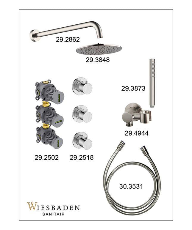 Wiesbaden Caral inbouwthermostaat hoofddouche 30 cm staafhanddouche geborsteld staal - afbeelding 3 | Schwertz & Co