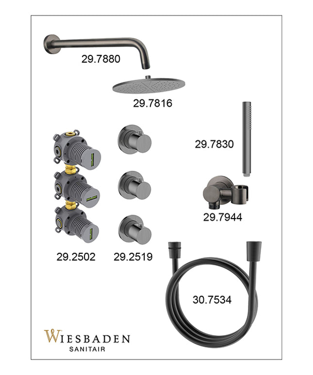 Wiesbaden Caral inbouwthermostaat hoofddouche 30 cm staafhanddouche gunmetal - afbeelding 3 | Schwertz & Co