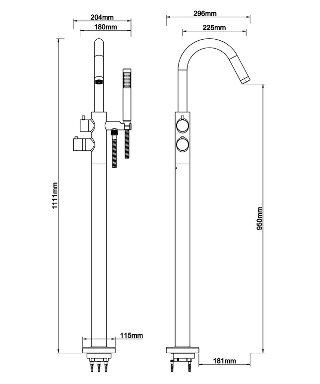 Wiesbaden Caral thermostatische badmengkraan vrijstaand geborsteld staal - technische tekening | Schwertz & Co