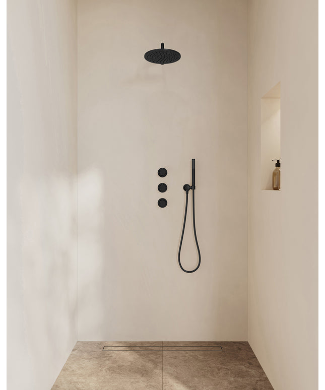 Wiesbaden Caral inbouwthermostaat hoofddouche 25 cm staafhanddouche mat zwart | Schwertz & Co
