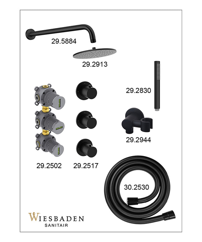 Wiesbaden Caral inbouwthermostaat hoofddouche 25 cm staafhanddouche mat zwart - afbeelding 3 | Schwertz & Co