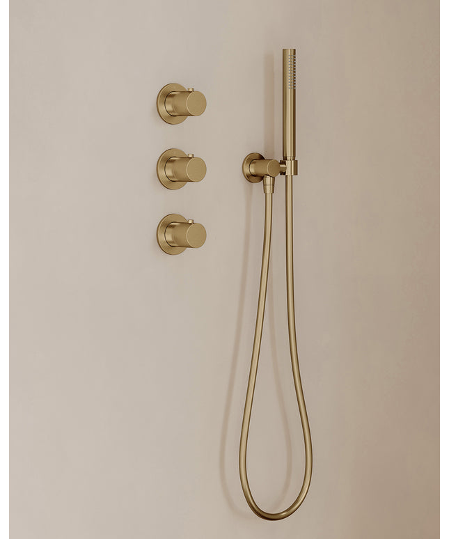 Wiesbaden Caral inbouwthermostaat hoofddouche 25 cm staafhanddouche geborsteld messing - afbeelding 2 | Schwertz & Co