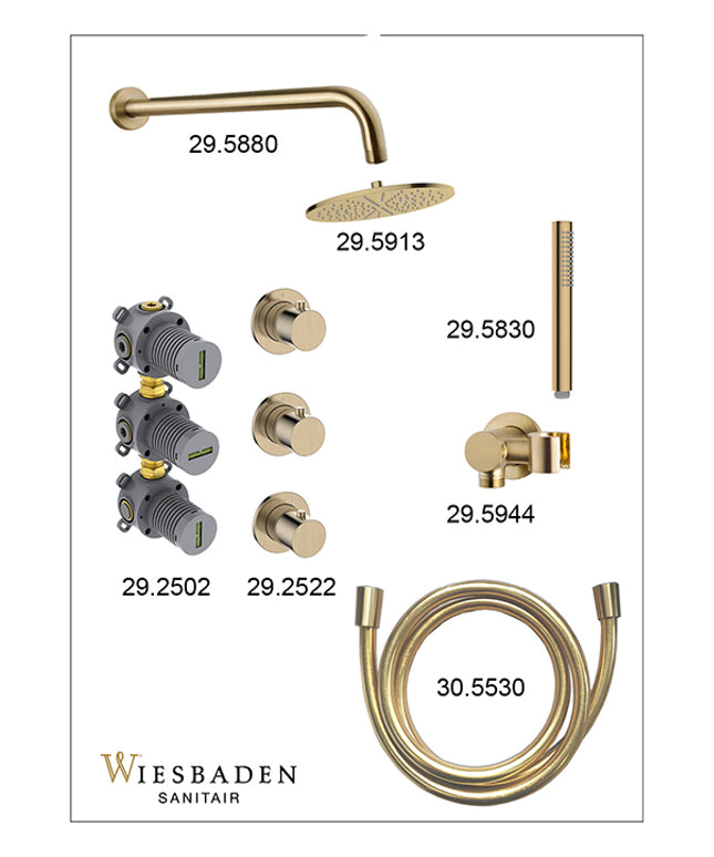 Wiesbaden Caral inbouwthermostaat hoofddouche 25 cm staafhanddouche geborsteld messing - afbeelding 3 | Schwertz & Co
