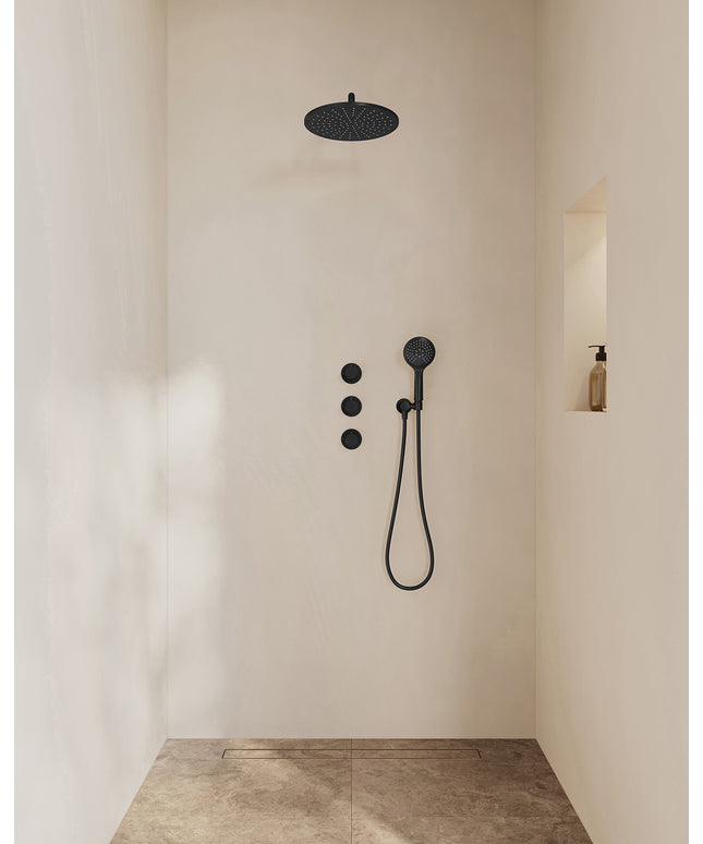 Wiesbaden Caral inbouwthermostaat hoofddouche 30 cm 3 standen handdouche mat zwart | Schwertz & Co