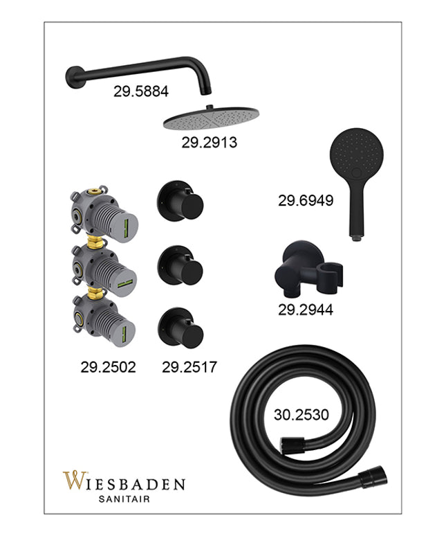 Wiesbaden Caral inbouwthermostaat hoofddouche 30 cm 3 standen handdouche mat zwart - afbeelding 3 | Schwertz & Co